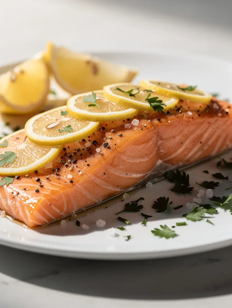 Lemon and pepper salmon fillet topped with lemon slices, parsley, and coarse salt on a white plate