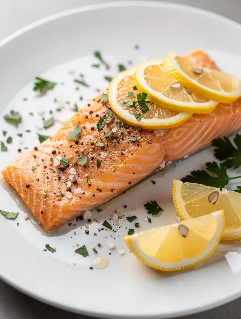 Lemon and pepper salmon with lemon slices, parsley, and coarse salt on a white plate