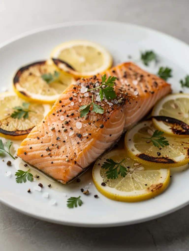 Lemon and pepper salmon with grilled lemon slices and fresh parsley on a white plate
