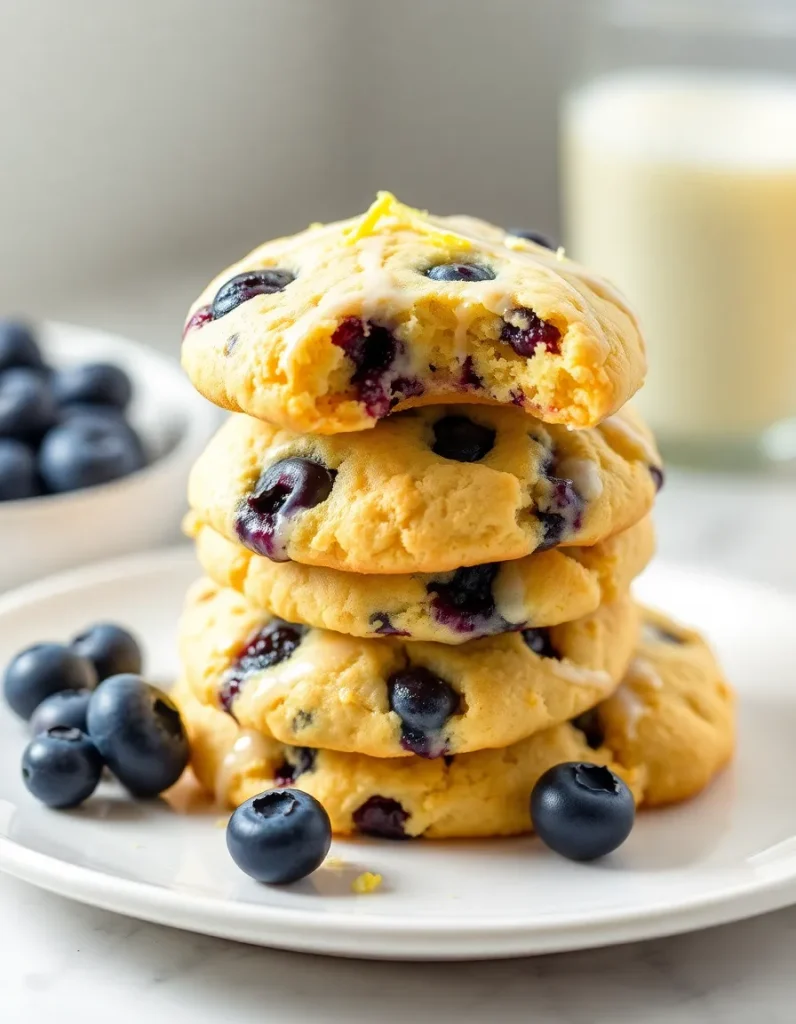 Lemon blueberry cookies stacked on a plate with fresh blueberries and a glass of milk in the background.