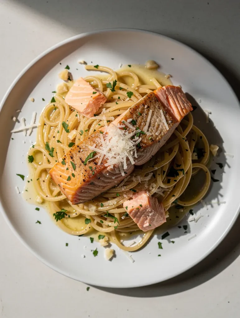 Lemon garlic salmon pasta with spaghetti, seared salmon fillet, parmesan, and herbs