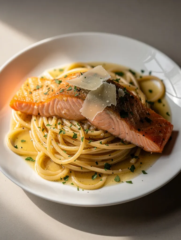 Lemon garlic salmon pasta with seared salmon, spaghetti, and parmesan shavings