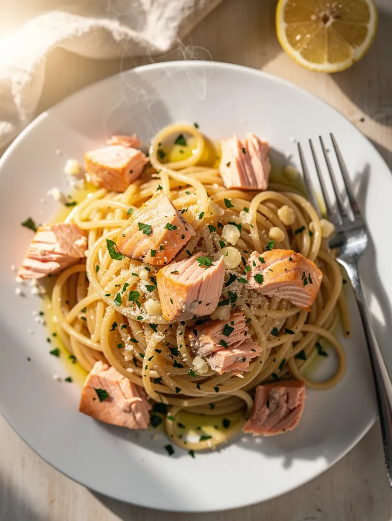 Lemon garlic salmon pasta with spaghetti, salmon chunks, and parsley on a white plate