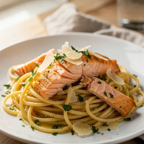 Lemon garlic salmon pasta with spaghetti, seared salmon pieces, parmesan, and fresh herbs