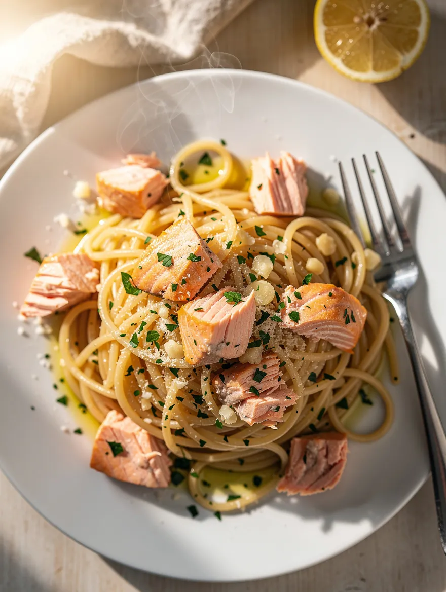 Lemon garlic salmon pasta with spaghetti, salmon chunks, and parsley on a white plate