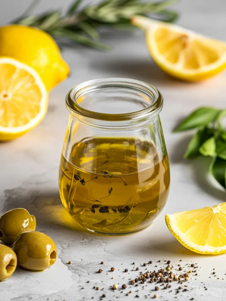 Lemon olive oil dressing in glass jar with herbs, lemons, olives, and pepper