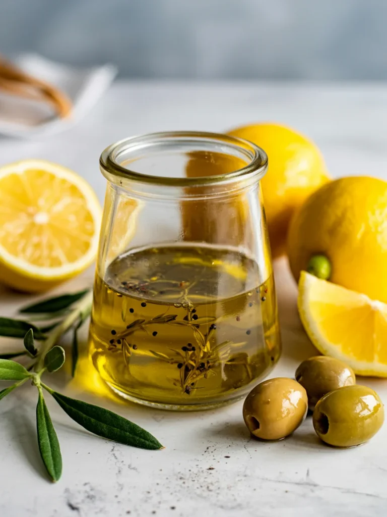Lemon olive oil dressing in glass jar with herbs, olives, and fresh lemons