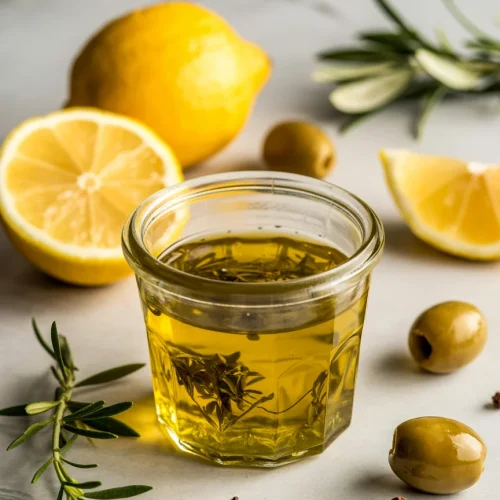Lemon olive oil dressing in glass jar with rosemary, lemons, and olives