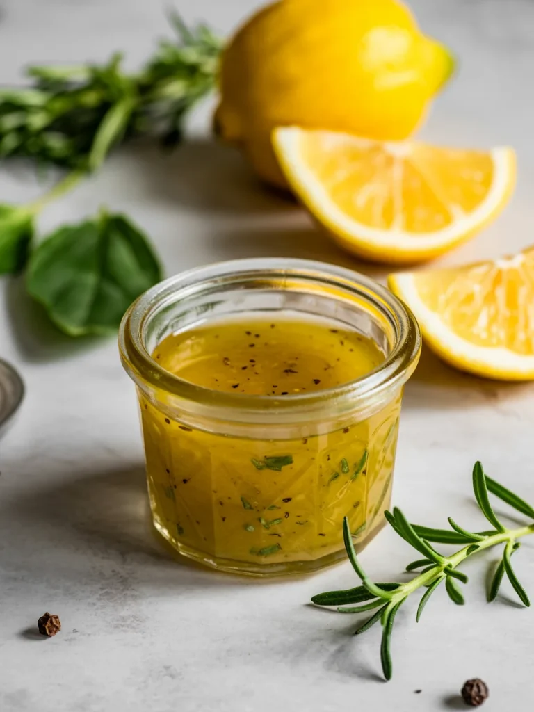 Lemon vinaigrette dressing in small glass jar with herbs and fresh lemon slices