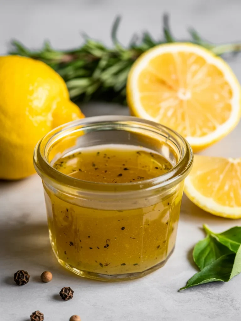 Homemade lemon vinaigrette in glass jar with fresh lemons and herbs