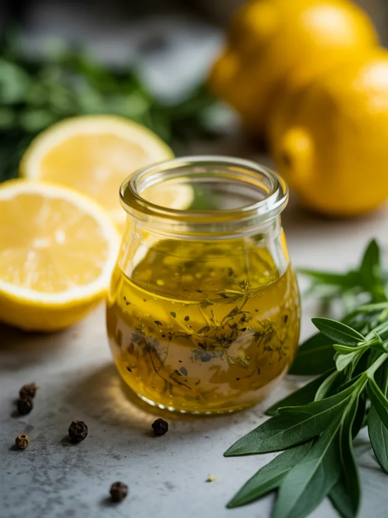 Lemon vinaigrette dressing in glass jar with herbs, lemons, and olive oil