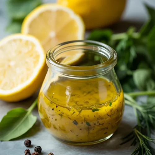 Lemon vinaigrette dressing in glass jar with herbs, peppercorns, and fresh lemons