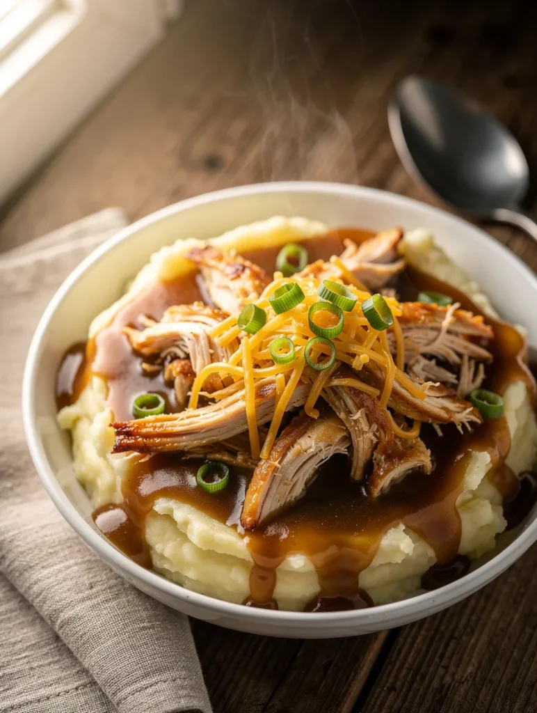 Loaded chicken and gravy mashed potato bowl with shredded chicken, cheddar cheese, and green onions