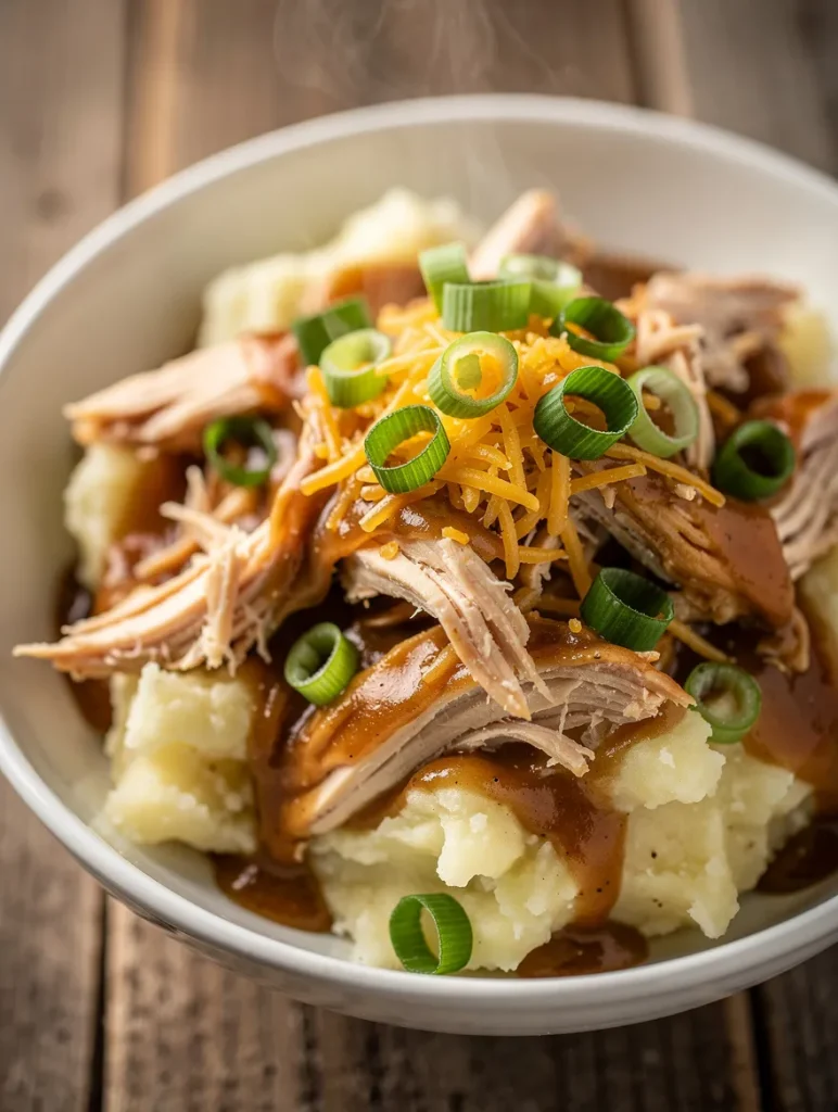 Loaded chicken and gravy mashed potato bowl with shredded chicken, cheddar cheese, and green onions