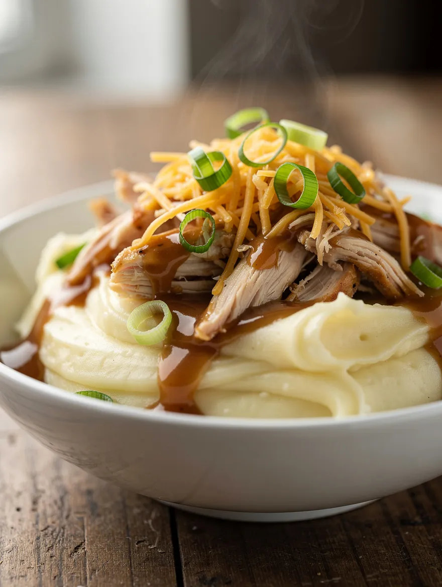 Loaded chicken and gravy mashed potato bowl with shredded chicken and green onions
