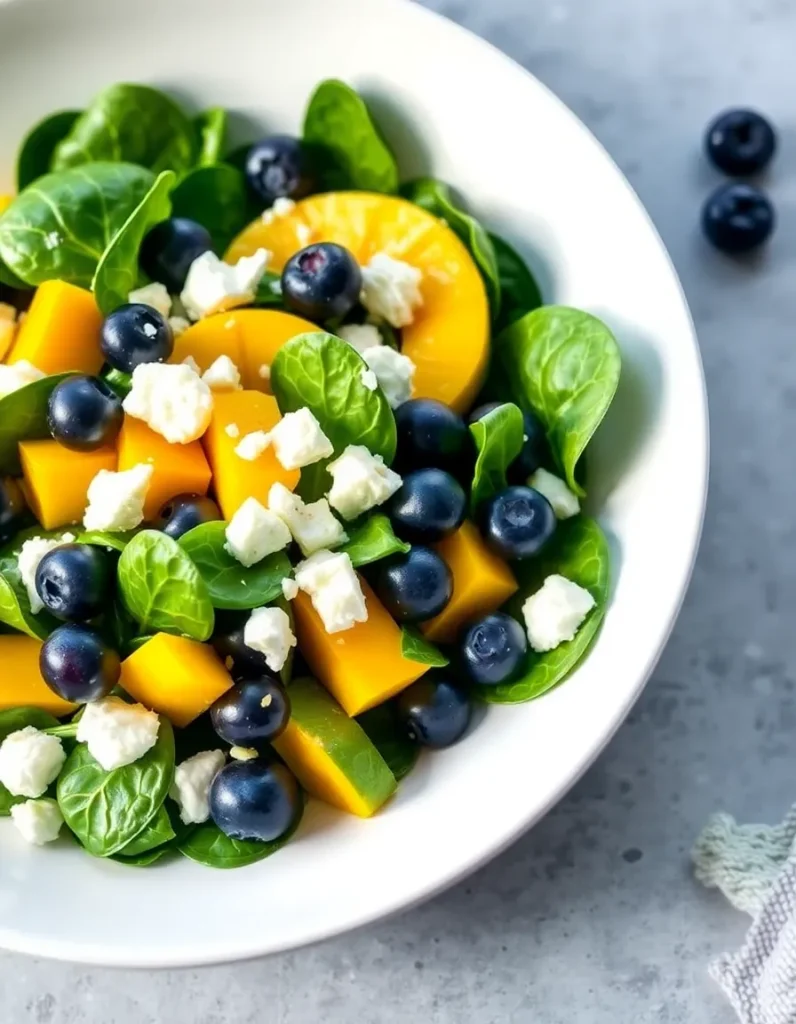 Mango spinach salad with blueberries and feta cheese on a white plate