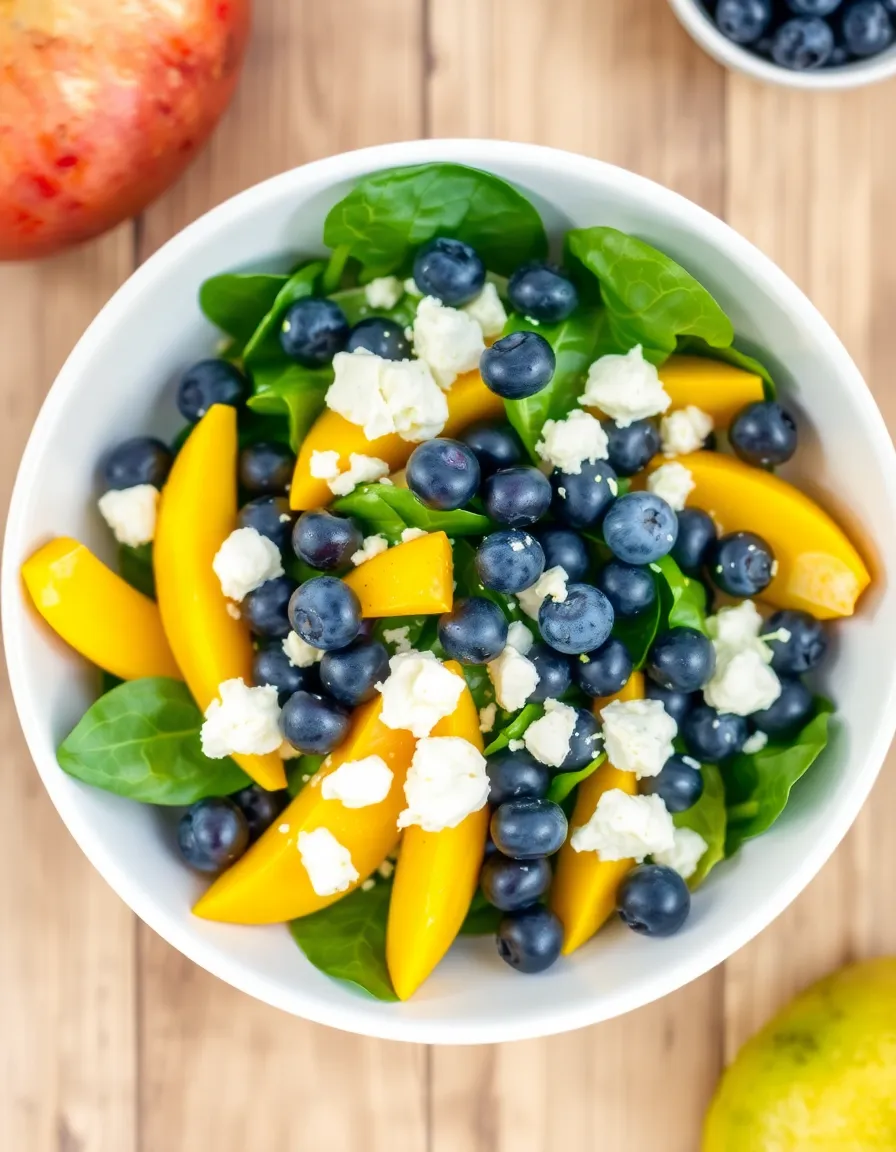 Mango spinach salad with blueberries and crumbled feta cheese