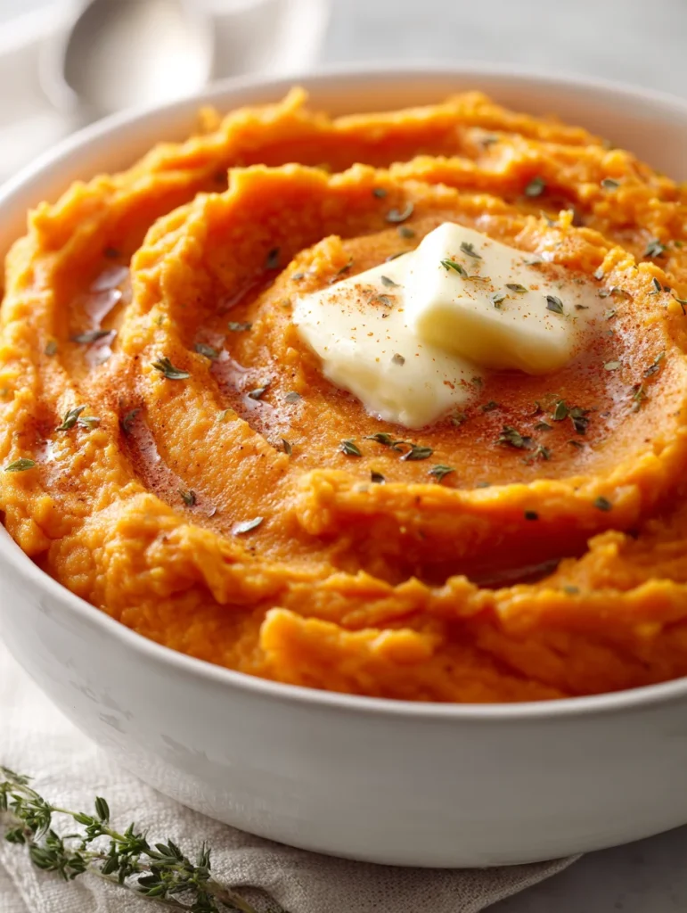 Creamy mashed sweet potatoes with melted butter and herbs in a white bowl