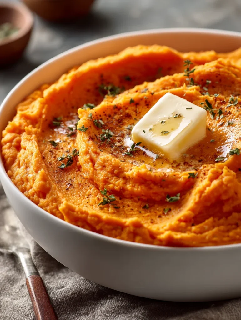 Mashed sweet potatoes with melted butter, herbs, and spices in a bowl