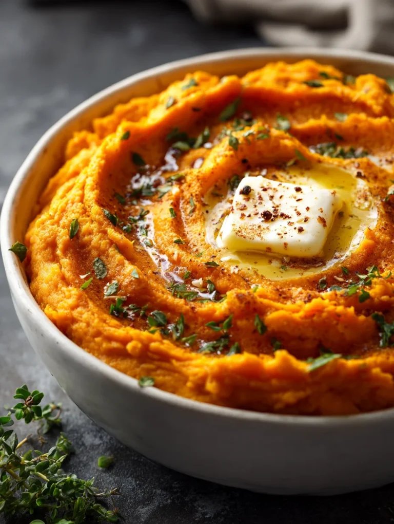 Creamy mashed sweet potatoes topped with melted butter, herbs, and spices in a bowl