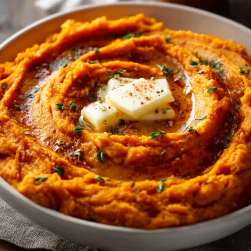 Creamy mashed sweet potatoes with melted butter, herbs, and spices in a rustic bowl