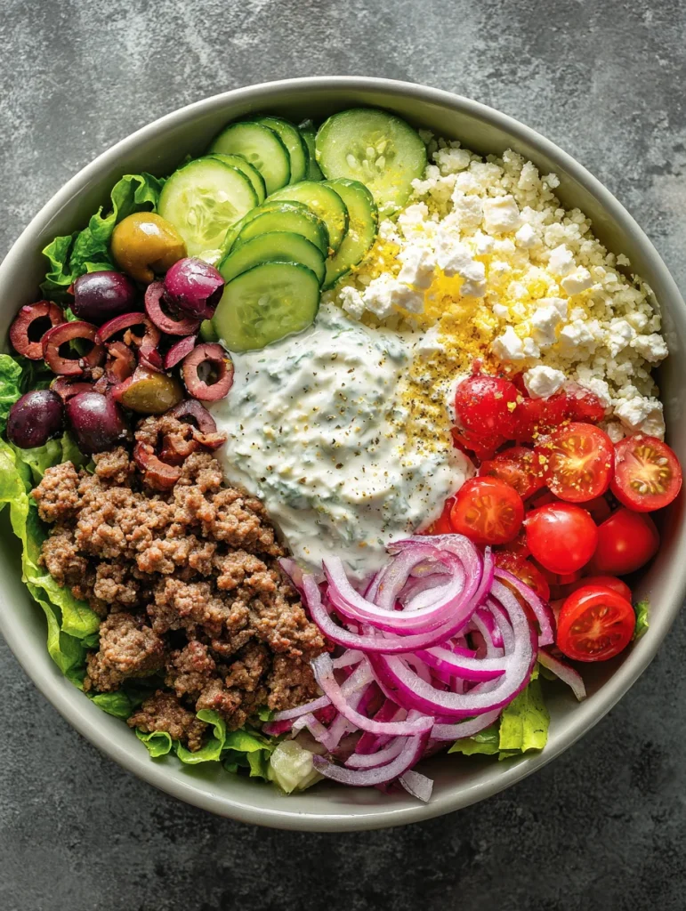Mediterranean burger bowl with ground beef, cucumbers, cherry tomatoes, olives, feta, and creamy tzatziki.