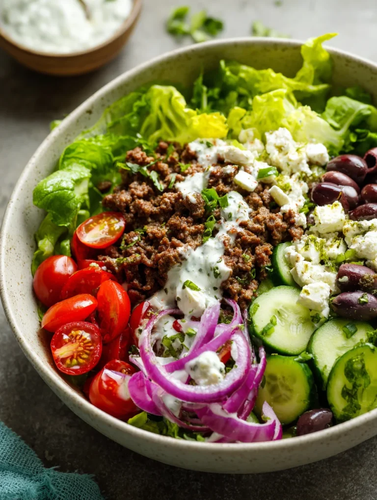 Mediterranean burger bowl with ground beef, cucumber, tomatoes, olives, feta, and tzatziki sauce.