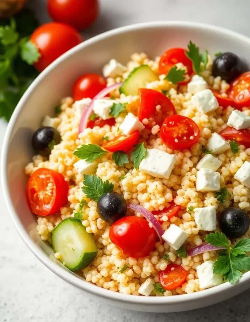 Mediterranean couscous salad with tomatoes, cucumber, olives, feta, and fresh parsley
