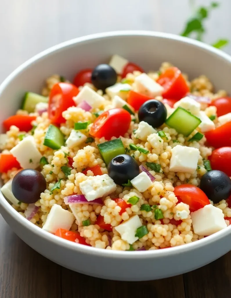 Mediterranean couscous salad partially obscured by a dark purple abstract overlay