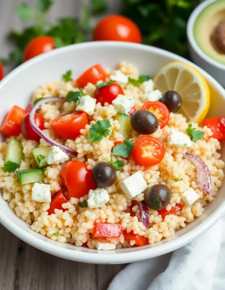Mediterranean couscous salad with cherry tomatoes, cucumber, olives, feta cheese, and lemon