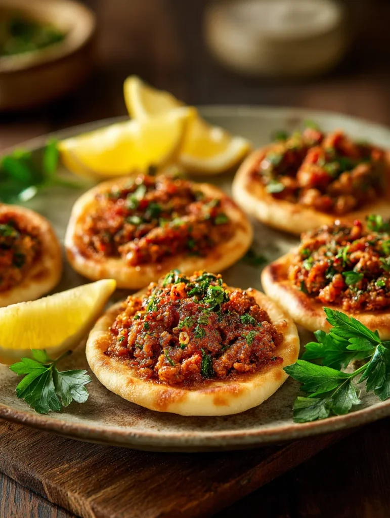 Mini lahmacun bites with seasoned ground meat, herbs, and lemon wedges on a plate