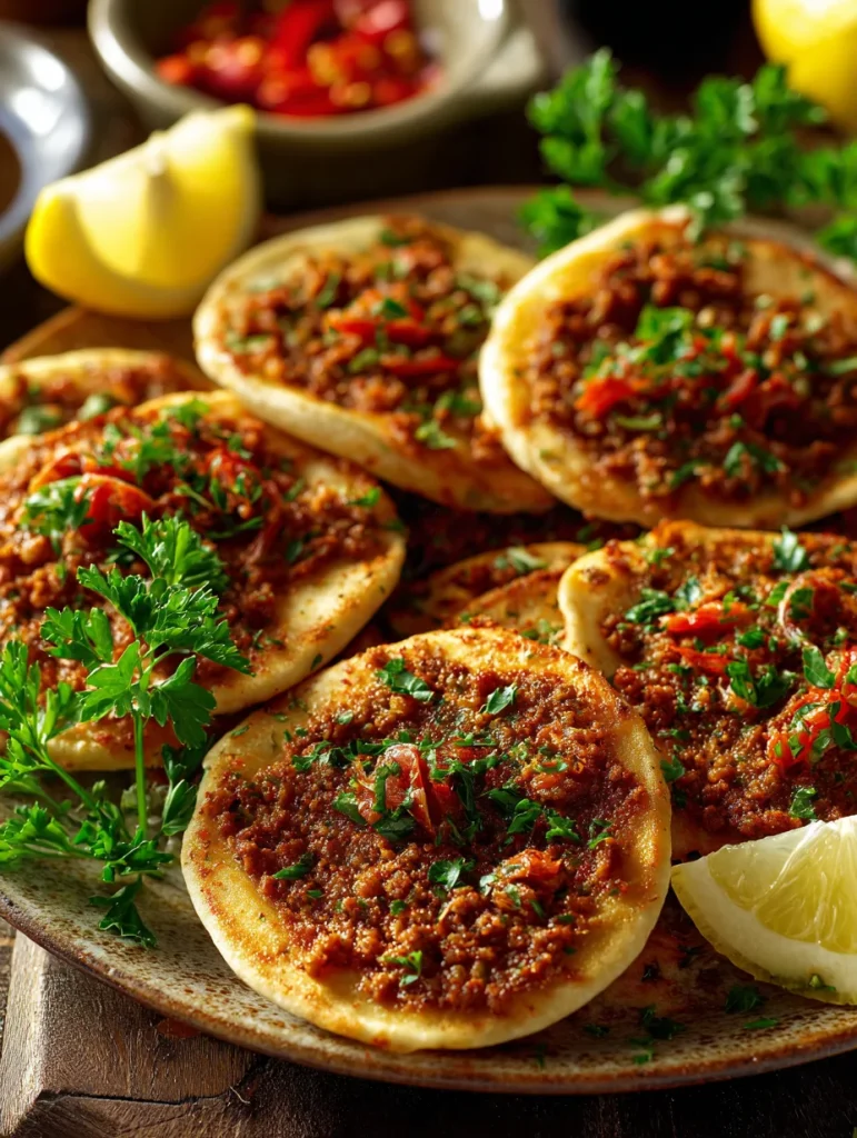 Mediterranean mini lahmacun bites topped with spiced meat, herbs, and lemon wedges