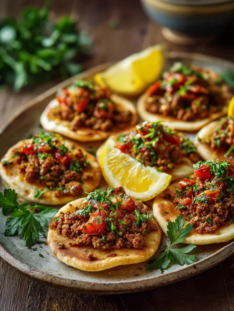 Mediterranean mini lahmacun bites topped with spiced meat, herbs, and lemon wedges