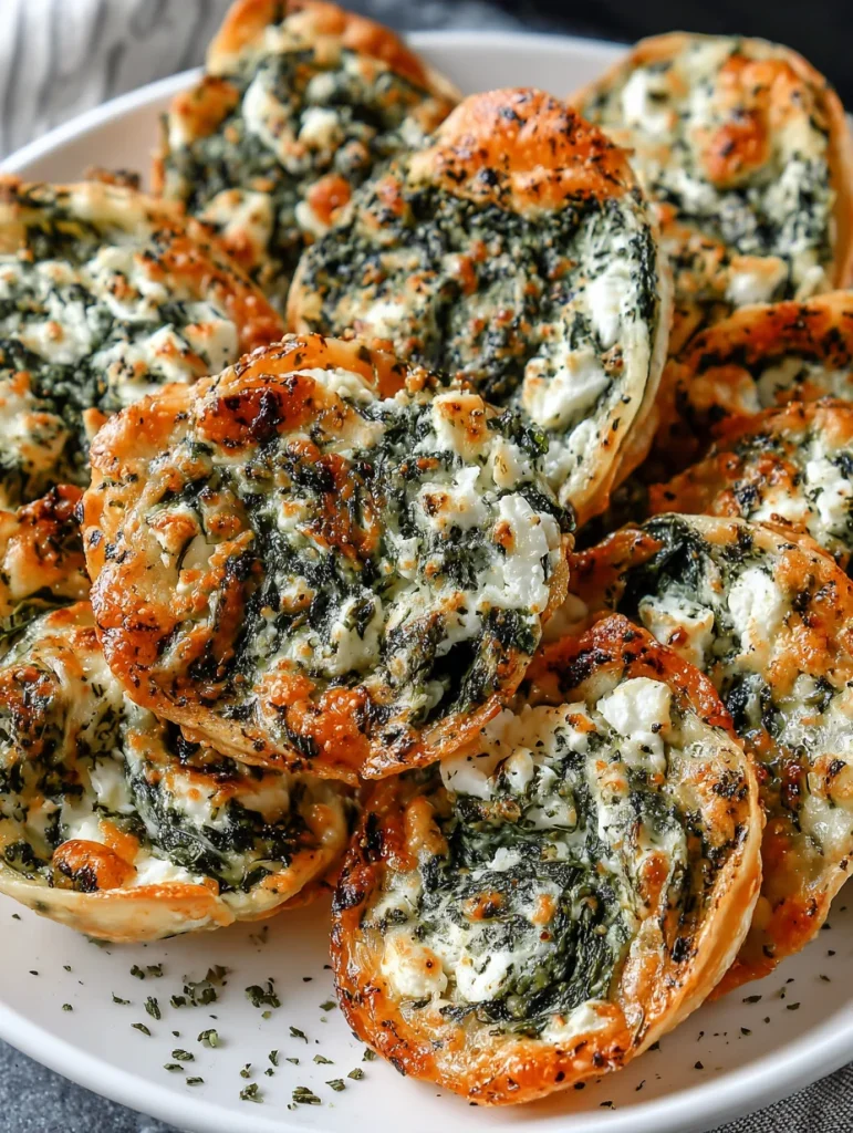 Spinach and feta pastry crisps baked until golden and topped with herbs.
