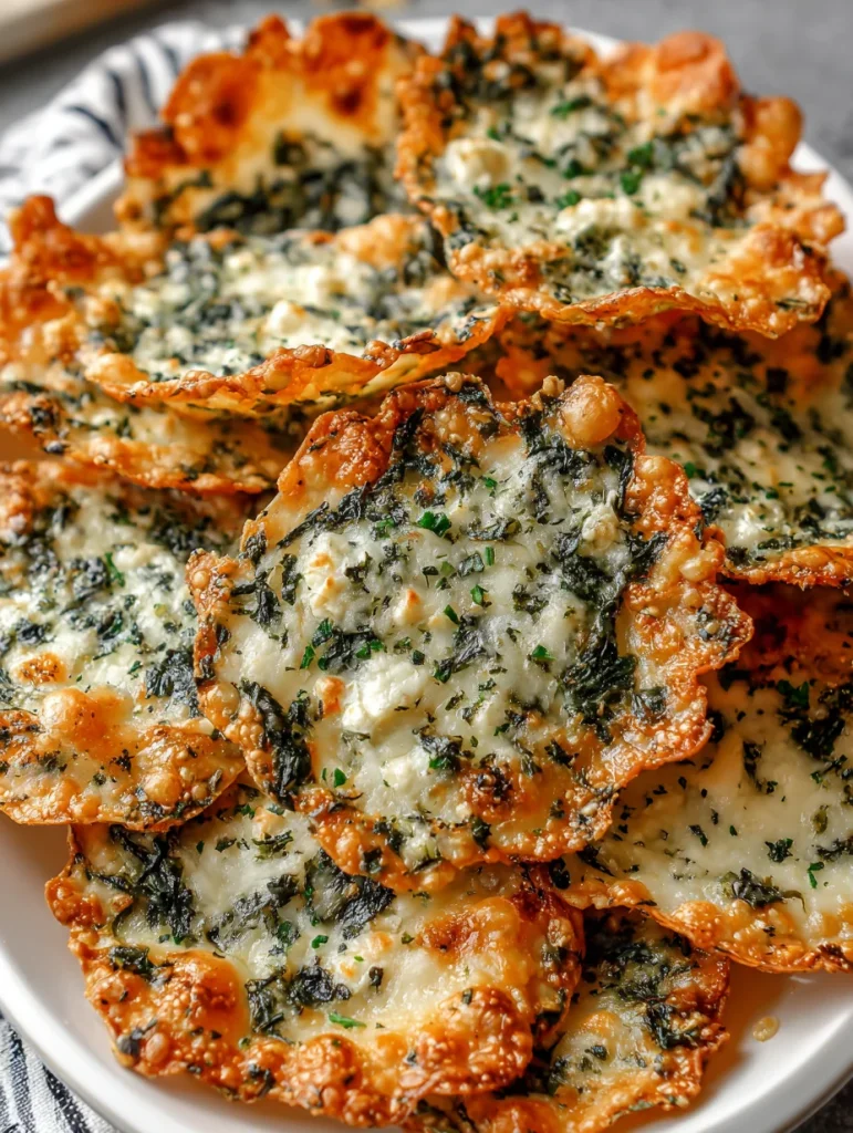 Crispy spinach and feta pastry rounds with golden edges and melted cheese.