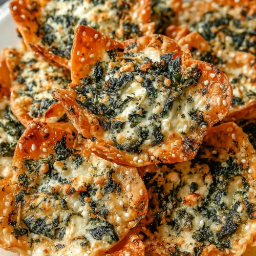 Mediterranean spinach and feta crisps with crispy wonton cups and melted cheese.