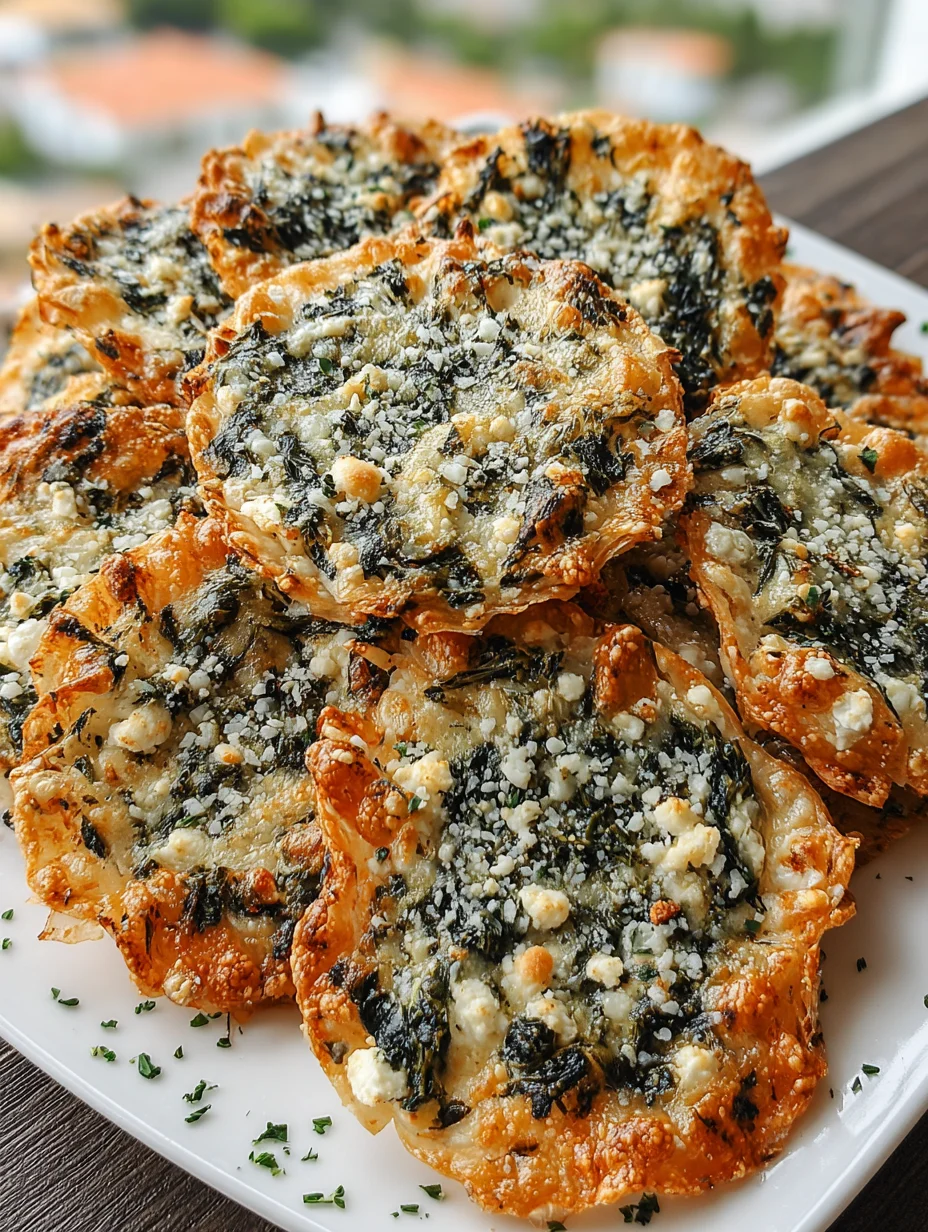 Mediterranean spinach and feta crisps with flaky pastry and melted cheese.