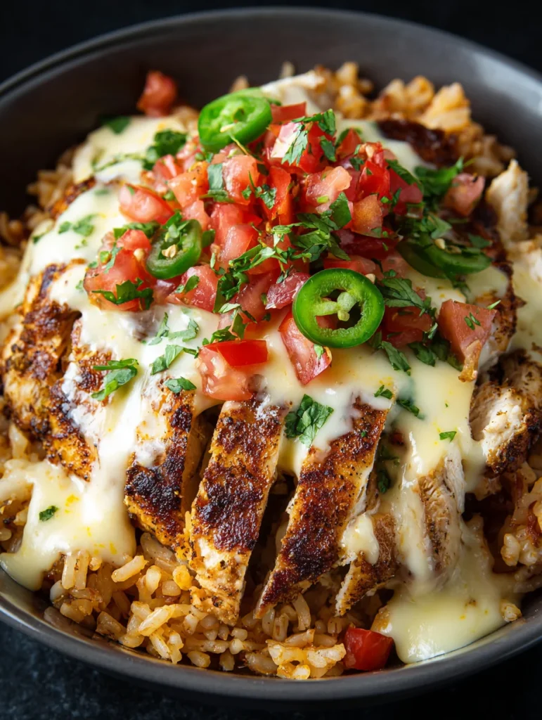 Mexican chicken and rice bowl with melted queso, grilled chicken, jalapeños, and fresh tomato salsa.