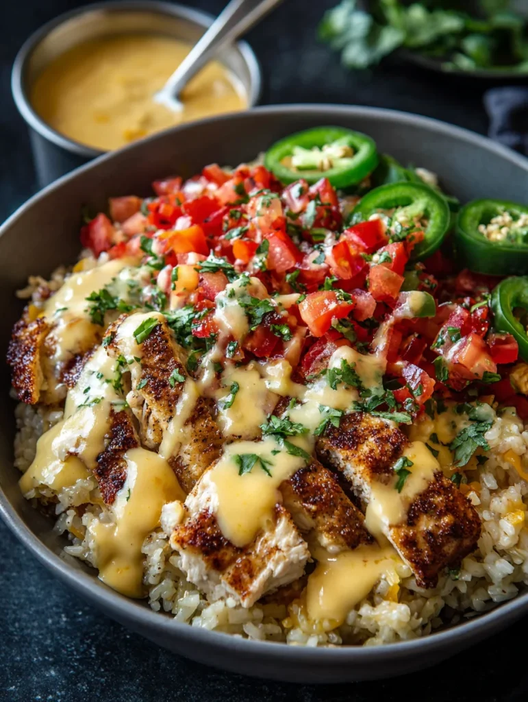 Mexican chicken and rice bowl with queso sauce, grilled chicken, pico de gallo, and jalapeño slices.