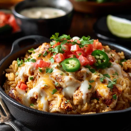 Mexican chicken and rice with melted queso, grilled chicken, pico de gallo, and jalapeños in a skillet.