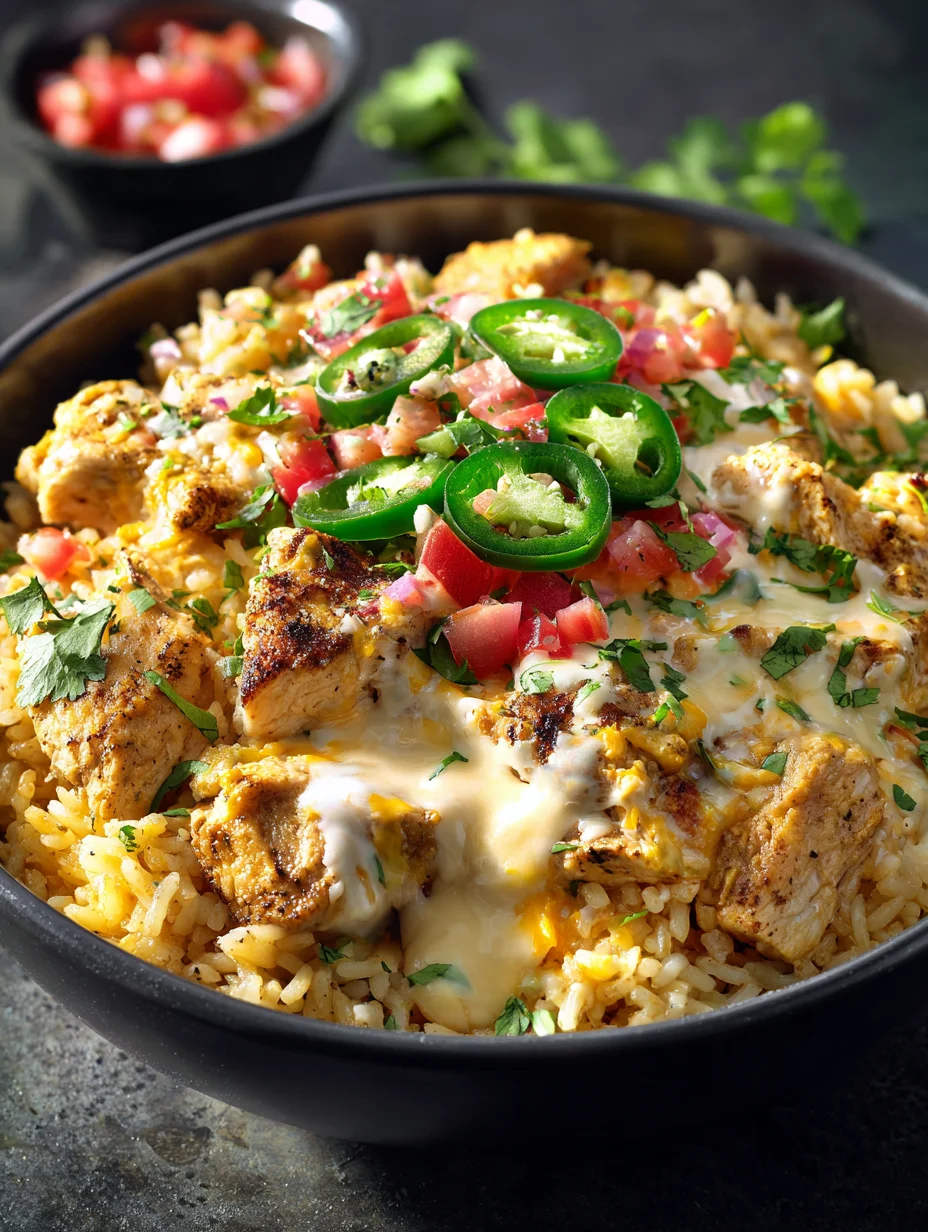Mexican chicken and rice with queso, topped with jalapeños, tomatoes, and cilantro.