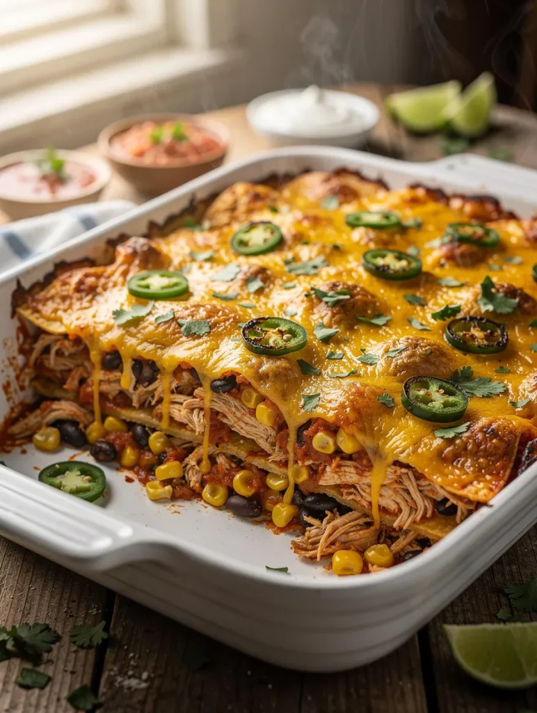 Layered Mexican chicken casserole with melted cheese, jalapeños, corn, and black beans