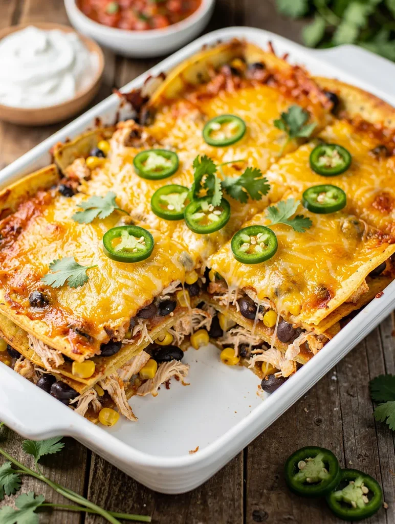 Mexican chicken casserole with layers of tortillas, cheese, black beans, corn, and jalapeños