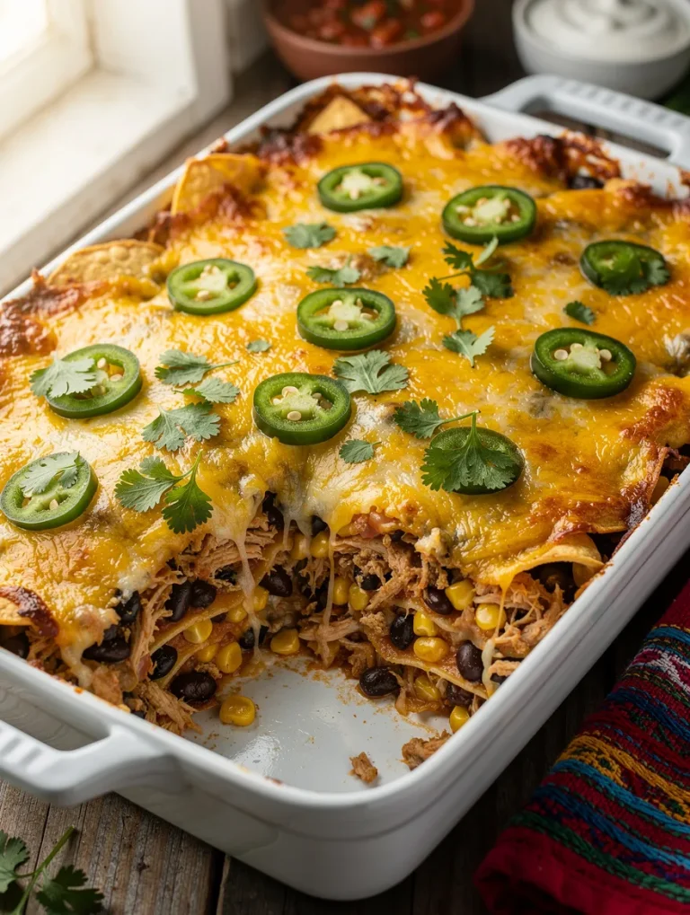 Mexican chicken casserole with melted cheese, jalapeños, black beans, and corn