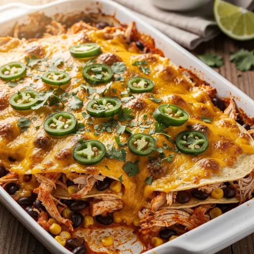 Cheesy Mexican chicken casserole with jalapeños, black beans, corn, and shredded chicken layers