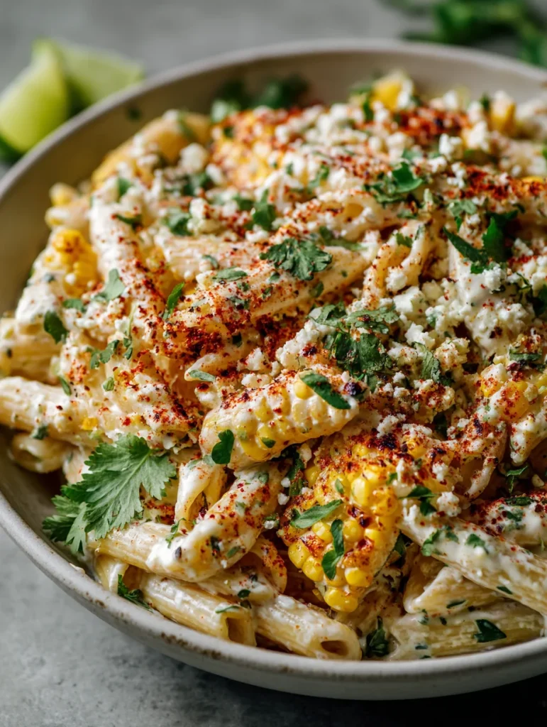 Mexican street corn pasta salad with creamy dressing, corn, cotija cheese, cilantro, and chili powder.