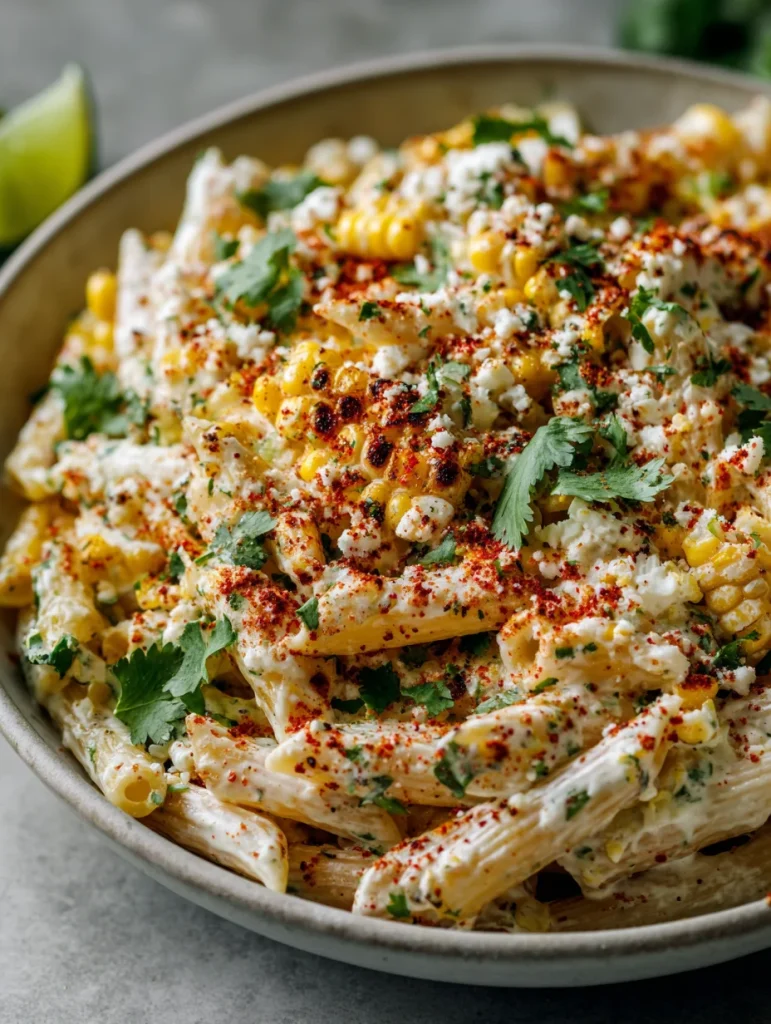 Mexican street corn pasta salad with creamy dressing, grilled corn, cotija cheese, cilantro, and chili powder.