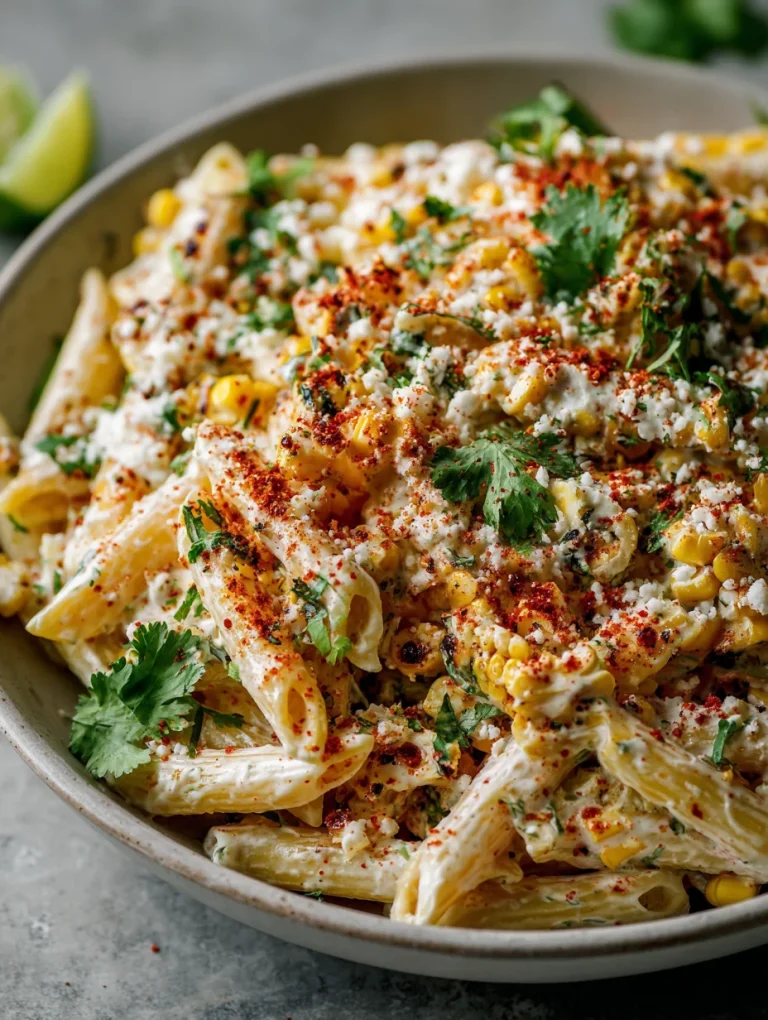 Mexican street corn pasta salad with penne, corn, cotija cheese, cilantro, and chili seasoning.