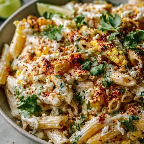 Creamy Mexican street corn pasta salad with penne, charred corn, cotija cheese, cilantro, and chili seasoning.