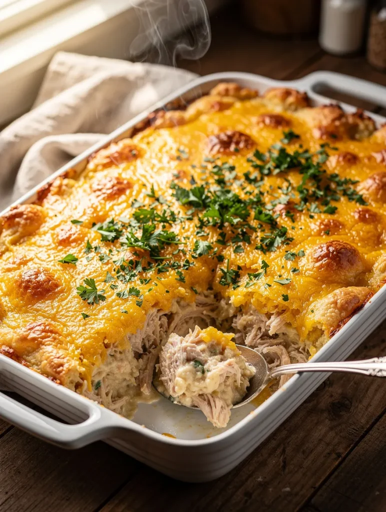 Million dollar chicken casserole with cheesy topping and creamy shredded chicken scoop